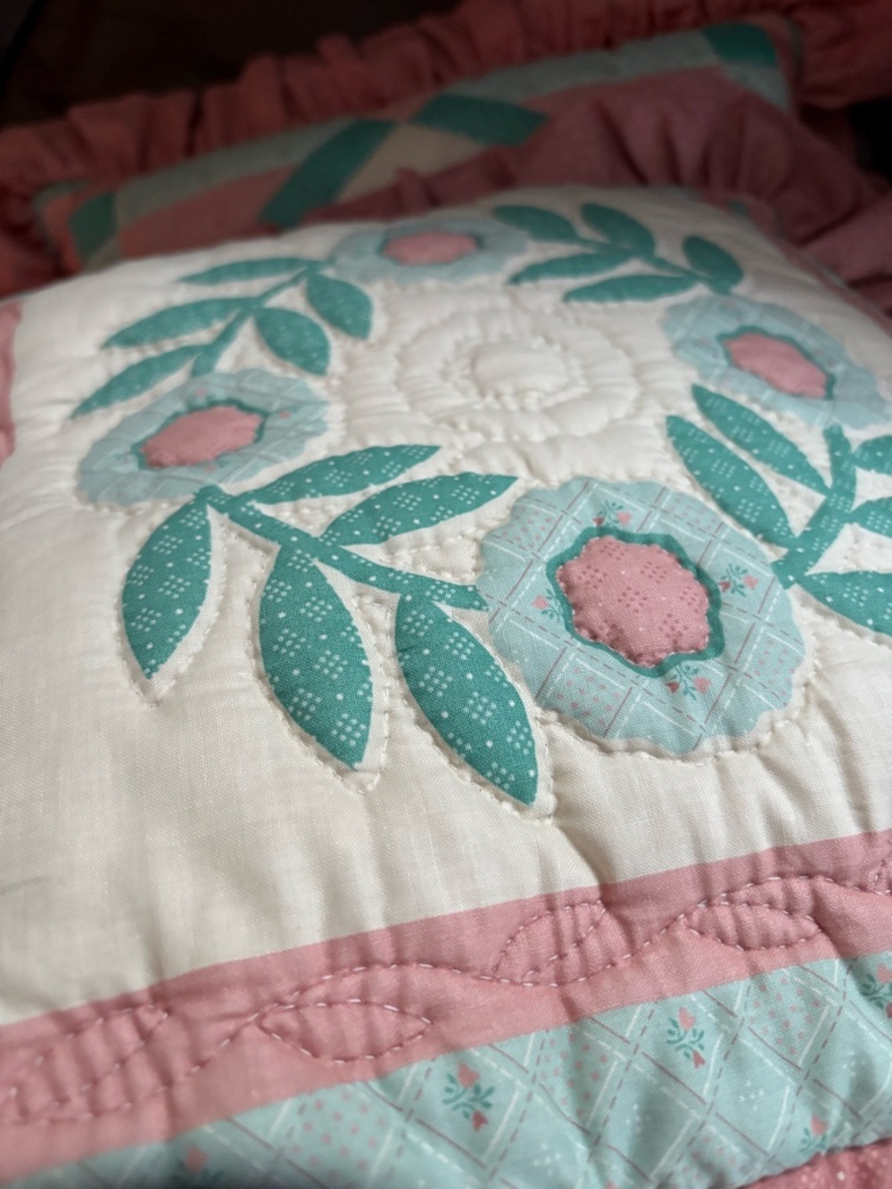 Vintage Quilted Throw Pillows | Set of 2 | Floral Basket & Wreath Appliqué - Picture 7 of 8